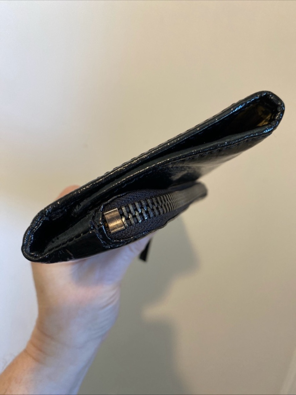 HOBO Black Patent Fold-Over Clutch with Diagonal Zip Magnetic Closure - Picture 5 of 15
